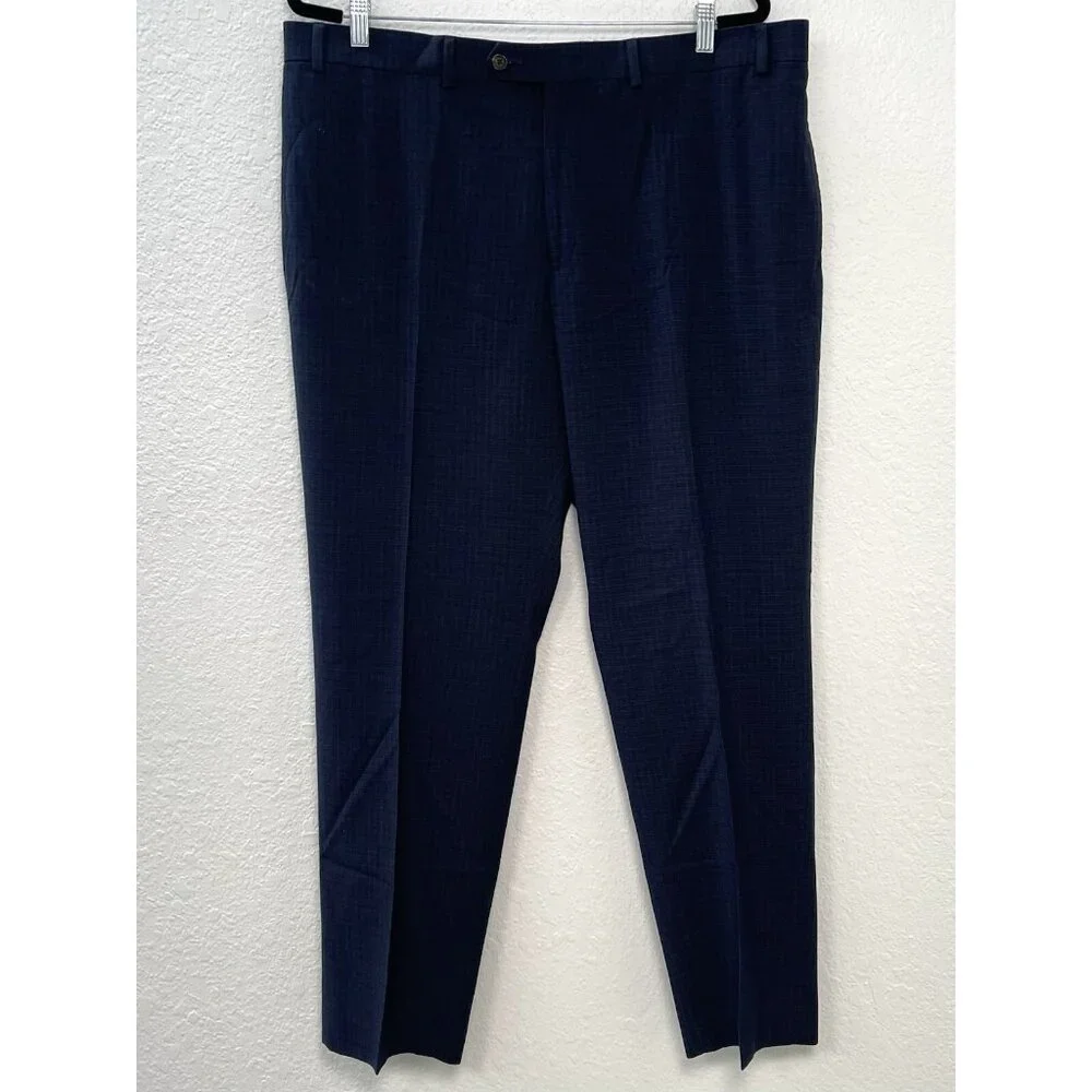 RALPH Ralph Lauren Mens 40x30 Navy Plaid Flat Front Straight PANTS Trousers EUC